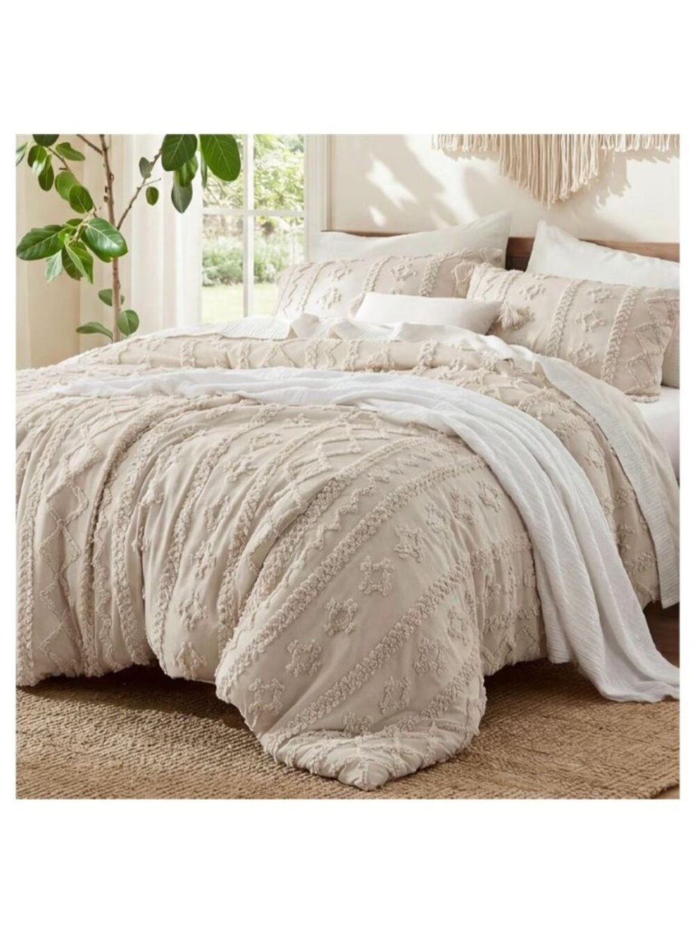Boho-Style Beige Tufted Cotton 7 Pcs  Comforter Set  King Size